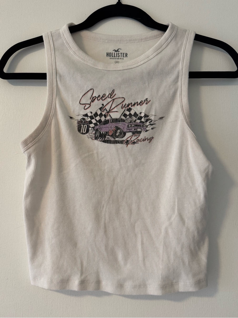 Hollister White Ribbed Crewneck Tank with Black Logo
